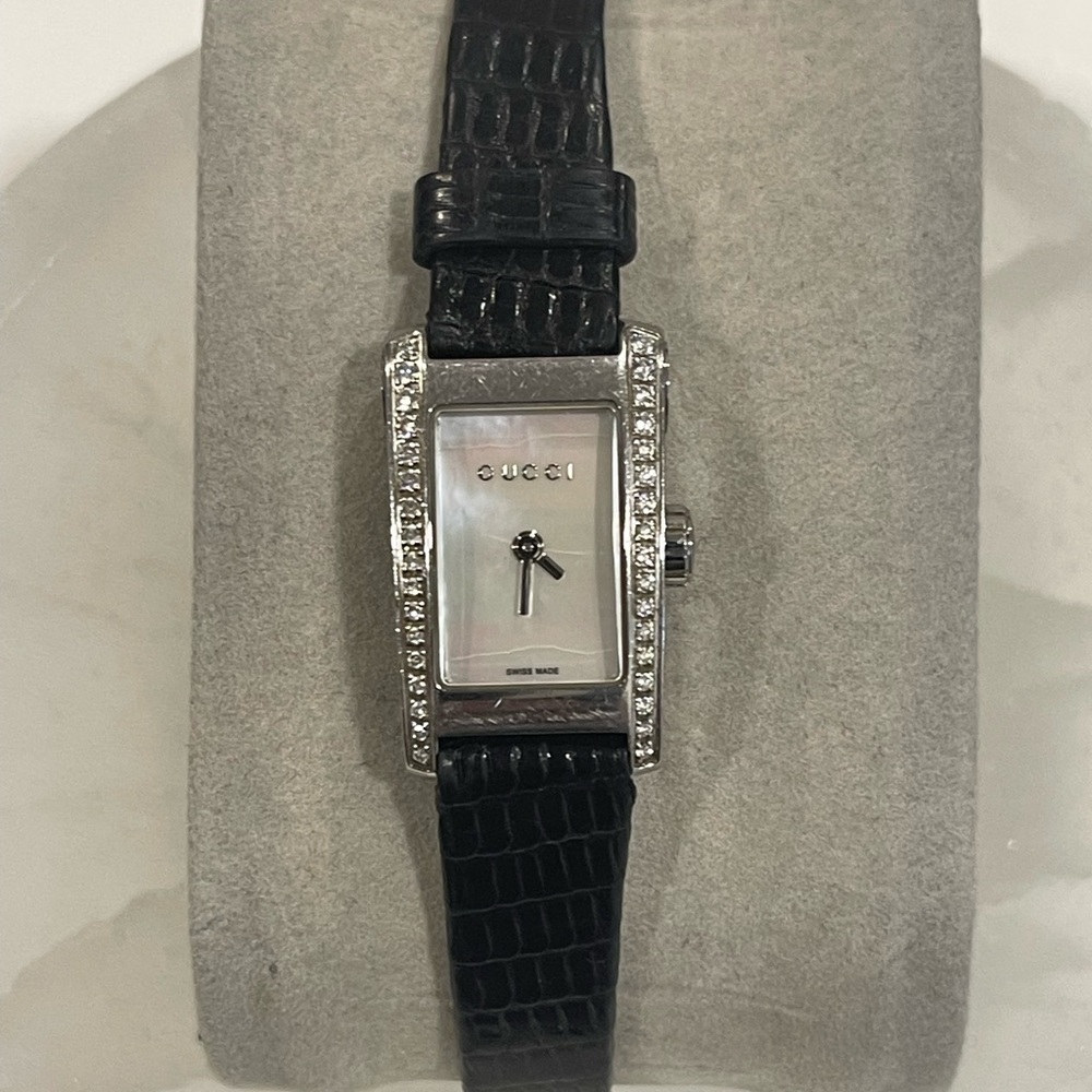 GUCCI Lady's watch - Mother of Peal Rectangle Dial Black Leather Band -Vintage